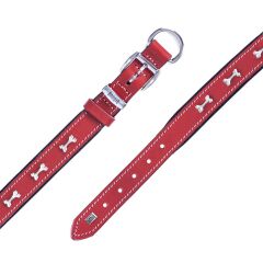 Doggie Konforlu Gerçek Deriden El Yapımı Kemik Süslü Köpek Boyun Tasması 2,5x37-45cm - Red