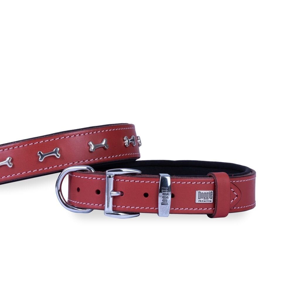 Doggie Konforlu Gerçek Deriden El Yapımı Kemik Süslü Köpek Boyun Tasması 2,5x37-45cm - Red