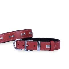 Doggie Konforlu Gerçek Deriden El Yapımı Kemik Süslü Köpek Boyun Tasması 2,5x37-45cm - Red