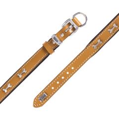 Doggie Konforlu Gerçek Deriden El Yapımı Kemik Süslü Köpek Boyun Tasması 2x30-35cm - Camel