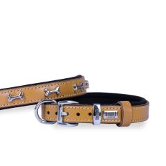 Doggie Konforlu Gerçek Deriden El Yapımı Kemik Süslü Köpek Boyun Tasması 2x30-35cm - Camel