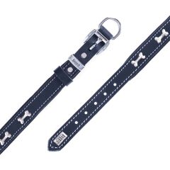 Doggie Konforlu Gerçek Deriden El Yapımı Kemik Süslü Köpek Boyun Tasması 2x35-40cm - Black