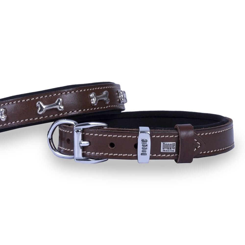 Doggie Konforlu Gerçek Deriden El Yapımı Kemik Süslü Köpek Boyun Tasması 2x35-40cm - Brown