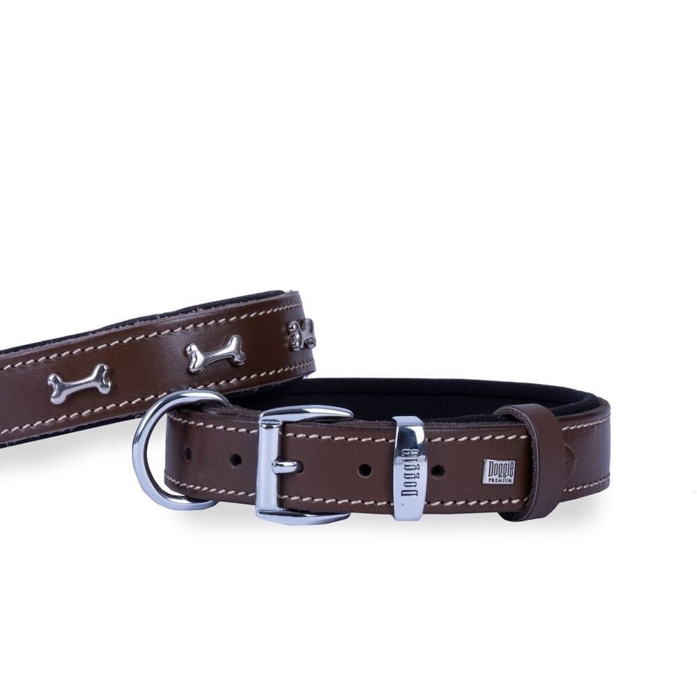 Doggie Konforlu Gerçek Deriden El Yapımı Kemik Süslü Köpek Boyun Tasması 3x42-50cm - Brown