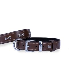 Doggie Konforlu Gerçek Deriden El Yapımı Kemik Süslü Köpek Boyun Tasması 3x42-50cm - Brown