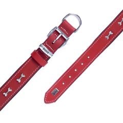 Doggie Konforlu Gerçek Deriden El Yapımı Kemik Süslü Köpek Boyun Tasması 3x42-50cm - Red