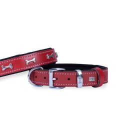 Doggie Konforlu Gerçek Deriden El Yapımı Kemik Süslü Köpek Boyun Tasması 3x42-50cm - Red