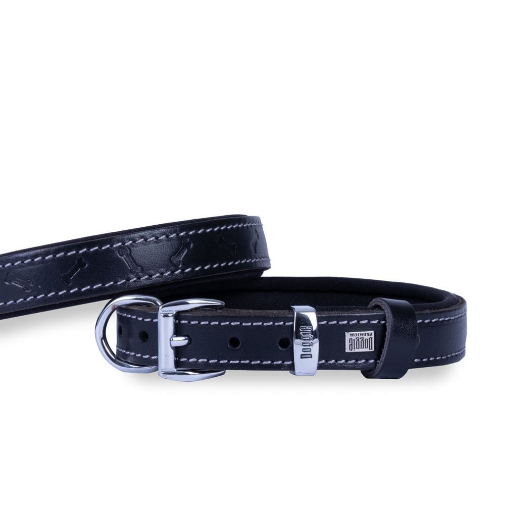 [SBT2035MBLACK] Doggie Kemik Desenli Deri Köpek Tasması 2x35-40cm (Siyah)