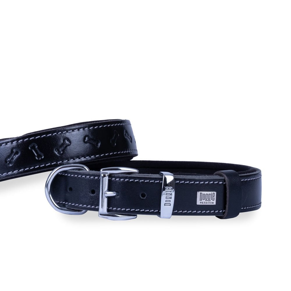 [SBT2535MBLACK] Doggie Kemik Desenli Deri Köpek Tasması 2.5x37-45cm (Siyah)