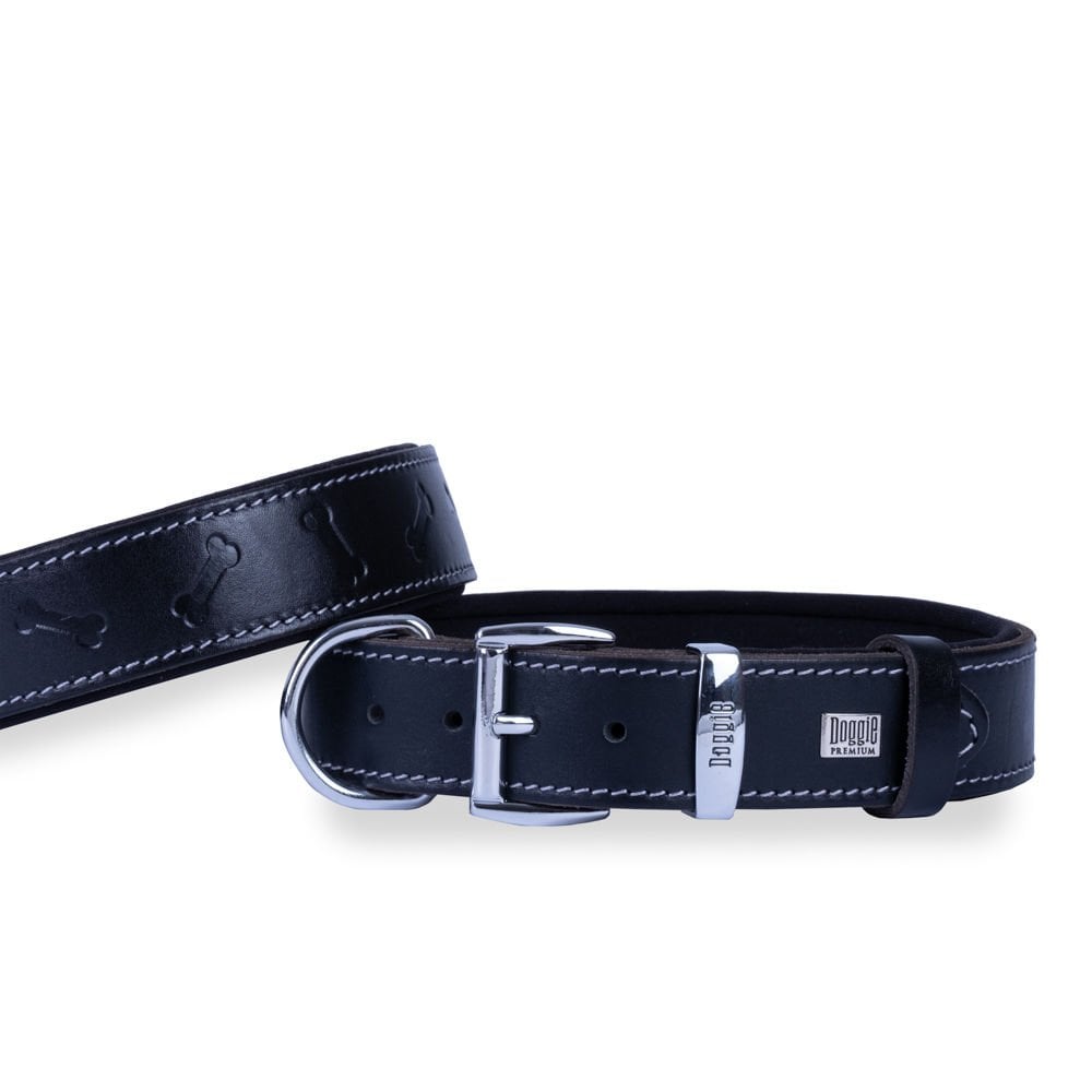 [SBT3535MBLACK] Doggie Kemik Desenli Deri Köpek Tasması 3.5x47-55cm (Siyah)