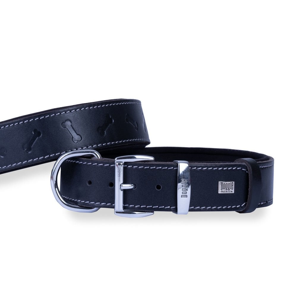 [SBT4035MBLACK] Doggie Kemik Desenli Deri Köpek Tasması 4x52-60cm (Siyah)