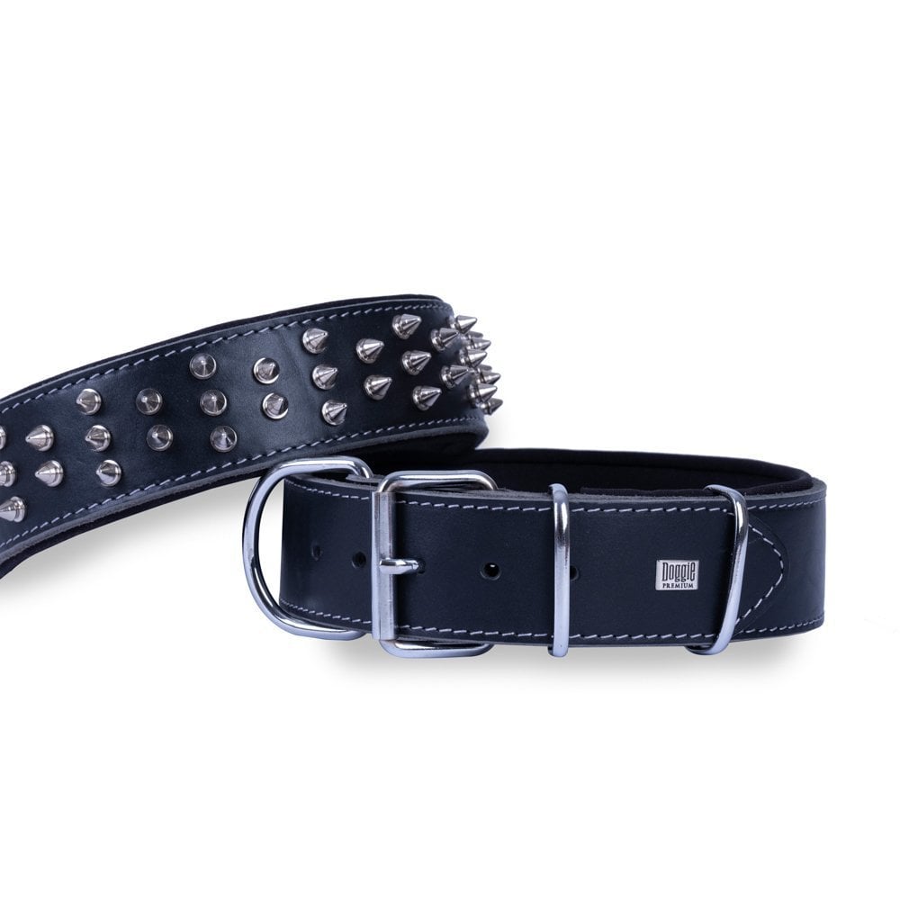 [BYT5012MBLACK] Doggie Çivili Çift Kat Deri Köpek Tasması 5x55-65cm