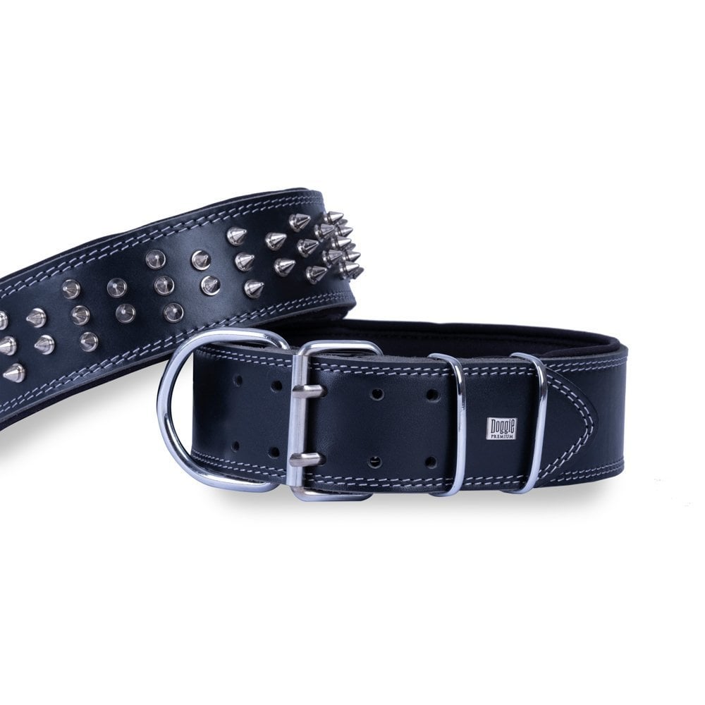 [BYT6012SBLACK] Doggie Çivili Çift Kat Deri Köpek Tasması 6x55-65cm