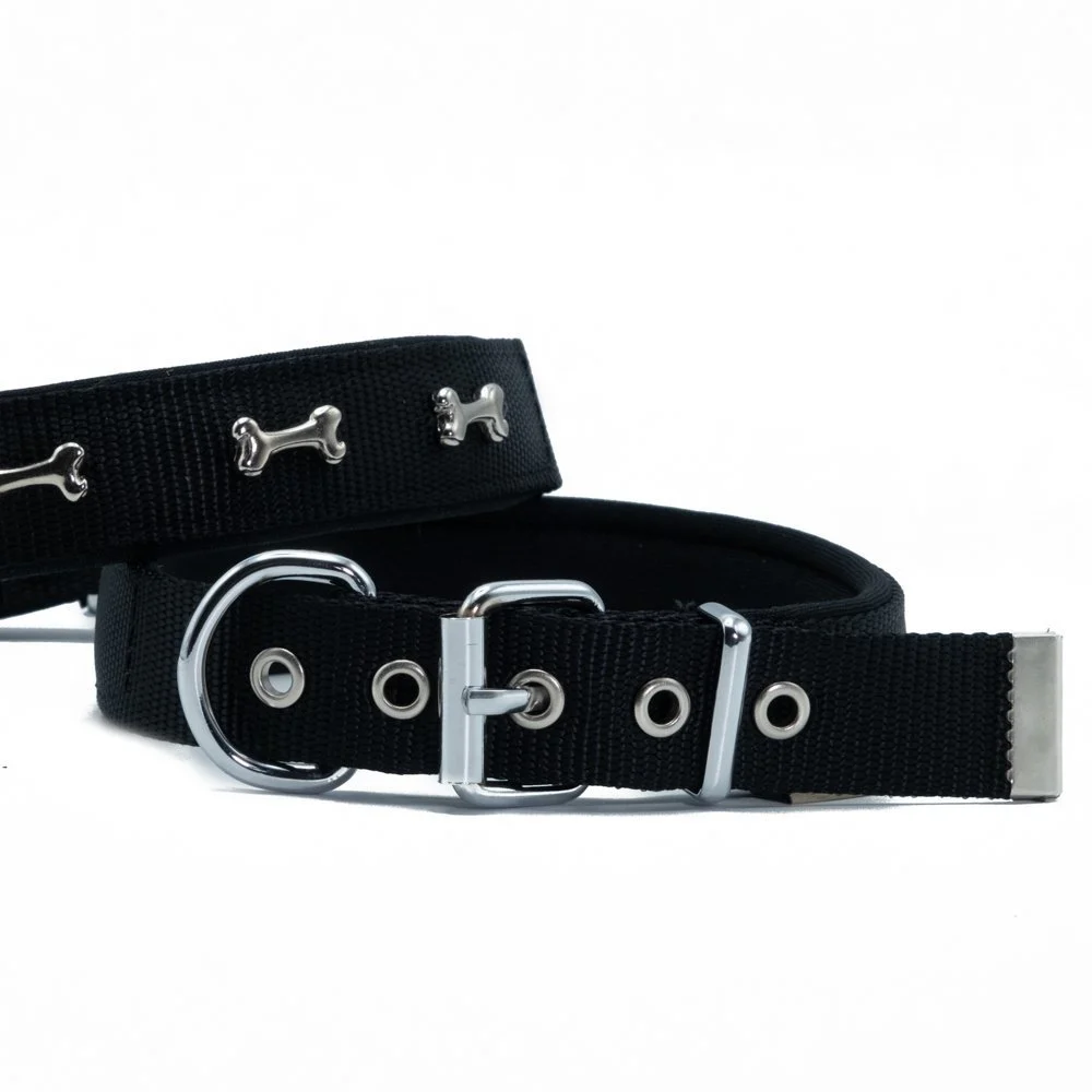 [DSBT2562LBLACK] Doggie Kemik Süslü Dokuma Köpek Tasması 2.5x42-50cm (Siyah)