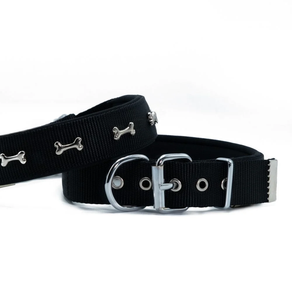 [DSBT3062LBLACK] Doggie Bone Decorated Webbing Dog Collar 3x47-55cm (Black)