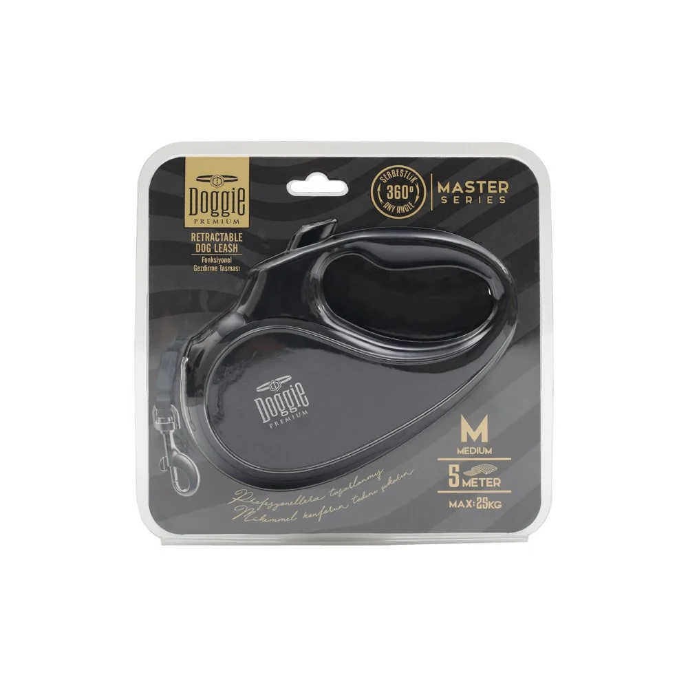 [OUTB25MBLACK] Doggie Master Otomatik Makaralı Köpek Tasması M 25kg 5m (Siyah)